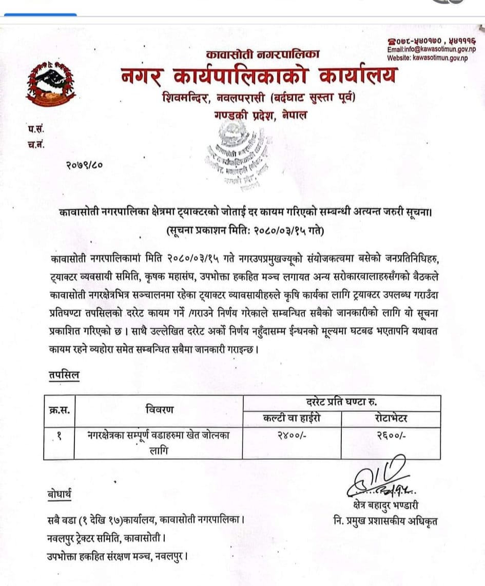 कावासोतीमा तोकियो ट्याक्टरको भाडादर